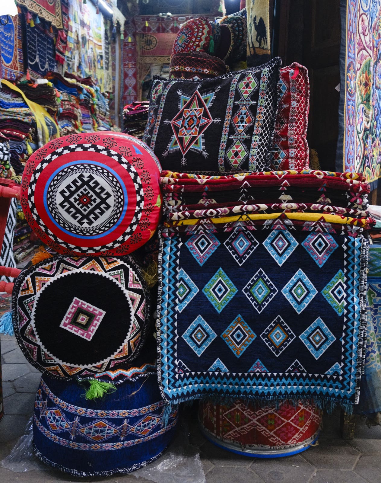 Colourful textile panels and shop display on Khayamiya Street in Cairo